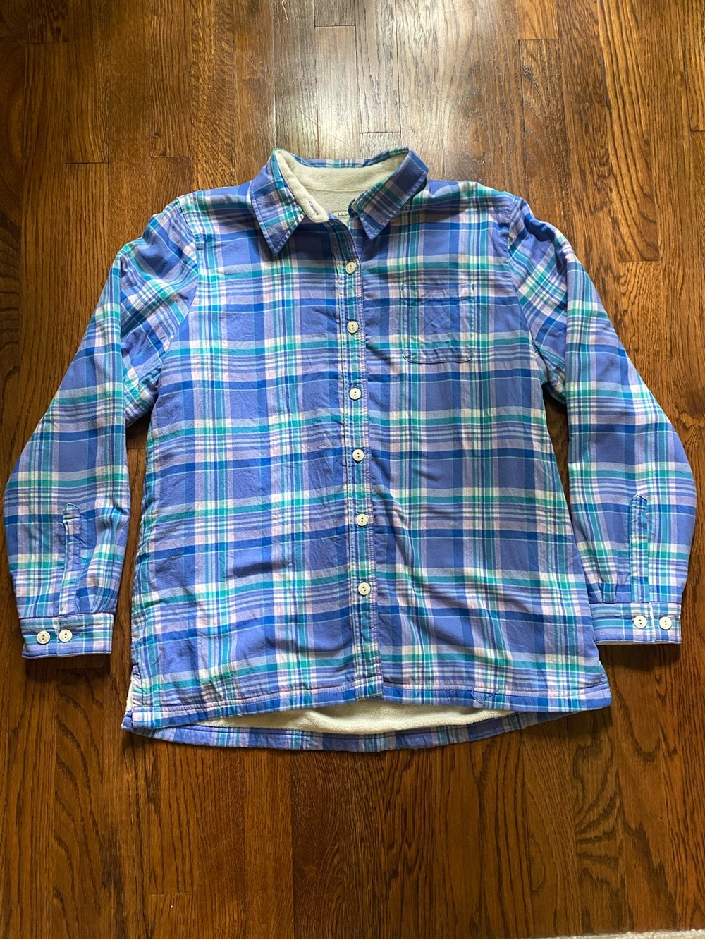 LL Bean Fleece Lined Flannel Shirt Jacket Shacket Women’s Large Blue Plaid Top